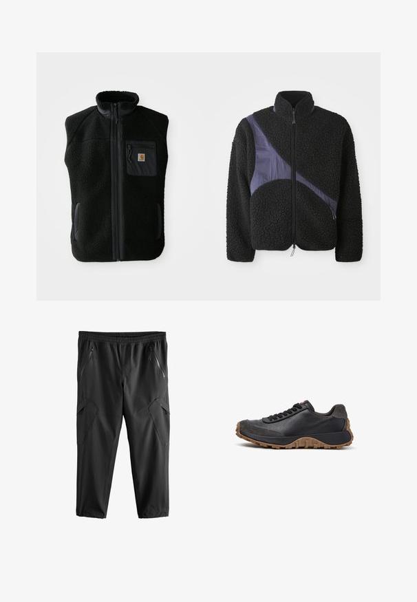 Sort fleece vest med høj krave, lynlåslynlås foran og brystlomme. Har struktureret stof og sidelommer med sorte accenter.; Sort fleecejakke med en diagonal lilla nylonaccent, høj krave, lynlås lukning og tekstureret stof for varme.; Sorte cropped bukser med elastisk talje, to lynlåslommer på siden og vinklet sideakcent. Lavet af letvægts, glat stof.; Sort sneaker i læder og ruskind med sorte snørebånd, brun robust sål og lavt snit, vist fra venstre side på hvid baggrund.