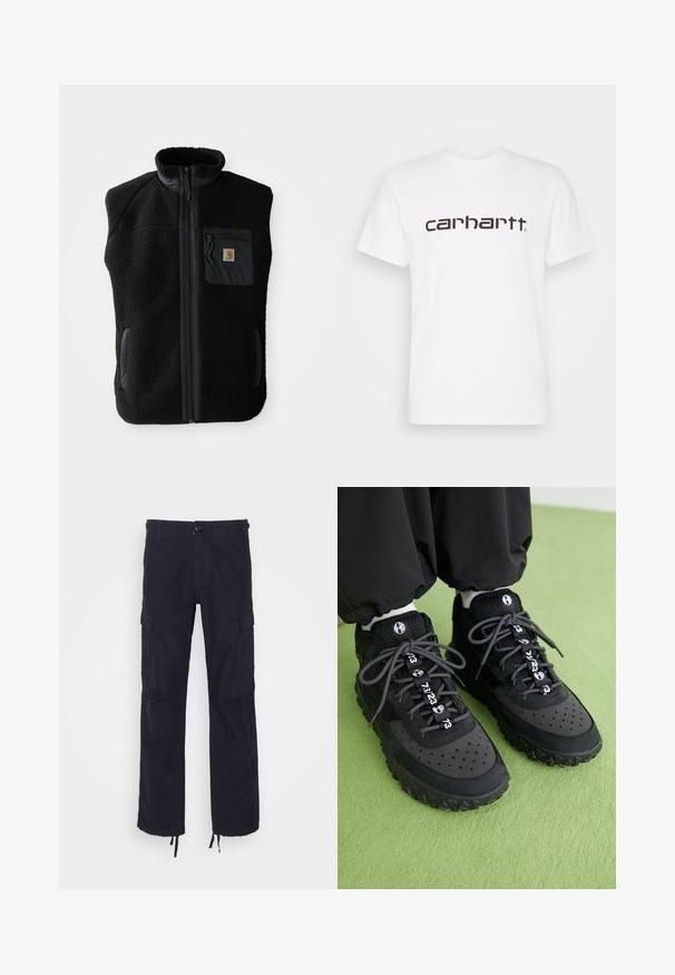 Chaleco de forro polar negro con cuello alto, cierre frontal con cremallera y un bolsillo en el pecho. Presenta un tejido texturizado y bolsillos laterales con detalles en negro.; Camiseta de algodón blanca con mangas cortas y escote redondo. Presenta un gran logo de "carhartt" en marrón oscuro en el pecho.; Pantalones cargo negros de corte relajado, con bolsillos laterales, cierre de botón y dobladillos ajustables. Fabricados en un tejido de algodón duradero.; Las zapatillas negras presentan una mezcla de materiales de cuero y malla, una suela de goma texturizada, perforaciones prominentes y cordones decorados con patrones y acentos numéricos.