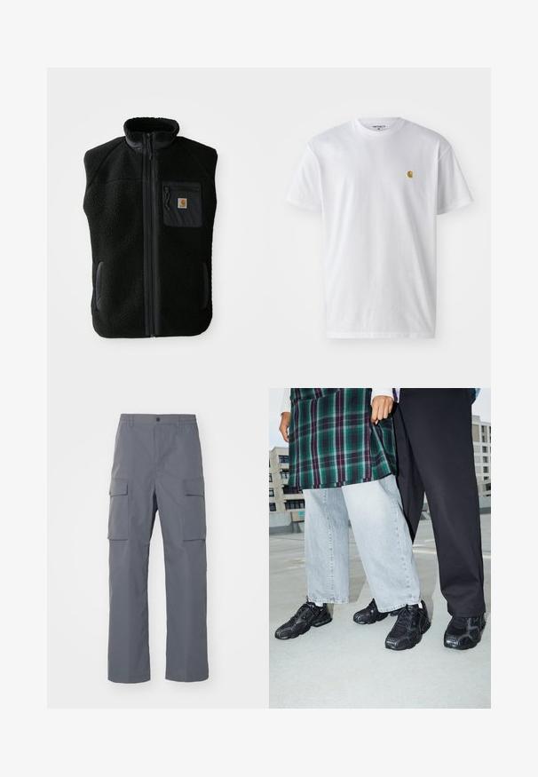 Sort fleece vest med høj krave, lynlåslynlås foran og brystlomme. Har struktureret stof og sidelommer med sorte accenter.; Hvid bomulds t-shirt med korte ærmer, rund hals og et lille guld logo på venstre brystområde. Blød tekstur og almindelig pasform.; Grå cargo-bukser lavet af holdbart stof. Funktioner inkluderer en elastisk talje, to store sidelommer og en lige benudskæring.; Sorte atletik sko med mesh- og gummidetaljer. Båret med lysegrå vide jeans og en ternet grøn bluse. Flad overflade i baggrunden.