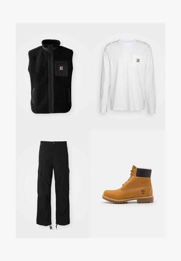 Zwarte fleece vest met hoge kraag, ritssluiting aan de voorkant en een borstzak. Heeft een textuurstof en zijzakken met zwarte accentueringen.; Wit katoenen overhemd met lange mouwen, met een borstzakje met een vierkante logo patch. Eenvoudig ontwerp met een ronde halslijn en manchetten.; Zwarte cargobroek van duurzaam materiaal, voorzien van twee zijzakken, een knoopsluiting en verstelbare onderranden voor een losse, comfortabele pasvorm.; Bruine leren enkellaars met metalen oogjes, witte faux bont voering, zwarte gewatteerde kraag, robuuste zool en een reliëflogo aan de zijkant.
