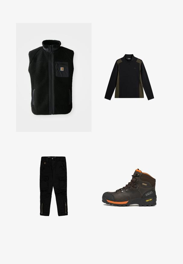 Sort fleece vest med høj krave, lynlåslynlås foran og brystlomme. Har struktureret stof og sidelommer med sorte accenter.; Langærmet sort og olivengrøn pullover med en kort lynlås foran og et lille logo på brystet.; Sorte cargo-bukser lavet af bomuld, med sidelommer, lynlåse ved anklerne og en regular-fit design.; Brun læder vandrestøvle med sorte og orange accenter, sorte snørebånd, Vibram-sål, Gore-Tex mærkat og Aigle 1853 branding på hælen.