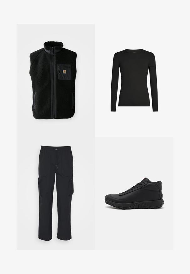 Chaleco de forro polar negro con cuello alto, cierre frontal con cremallera y un bolsillo en el pecho. Presenta un tejido texturizado y bolsillos laterales con detalles en negro.; Camiseta negra de manga larga ajustada con cuello redondo y un sutil logo de Icebreaker en la manga izquierda, mostrada sobre un fondo blanco.; Pantalones cargo negros hechos de tejido tejido. Cuenta con una cinturilla ajustable, bolsillos laterales y dos bolsillos de utilidad con cremalleras.; Zapatillas altas negras hechas de cuero texturizado, con suela de goma gruesa con patrones de tracción y diseño de cordones. Acabado en rojo en la lengüeta.