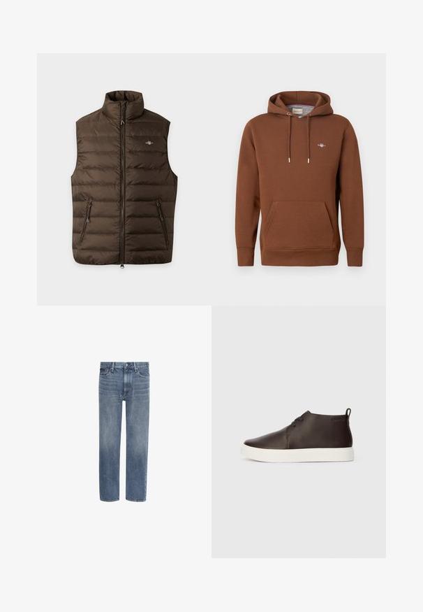 Veste matelassée marron sans manches avec col montant, fermeture éclair intégrale devant, deux poches latérales zippées et petit logo poitrine sur fond uni.; Sweat à capuche marron en matière douce ; comprend une poche avant, des cordons de serrage et un petit logo sur la poitrine. Texture lisse.; Jean en denim bleu à jambes droites, avec poches avant, passants de ceinture et fermeture par bouton.; Bottines en cuir marron avec semelle en caoutchouc blanc, bout arrondi, deux œillets pour les lacets et une languette à l'arrière avec le logo de la marque.
