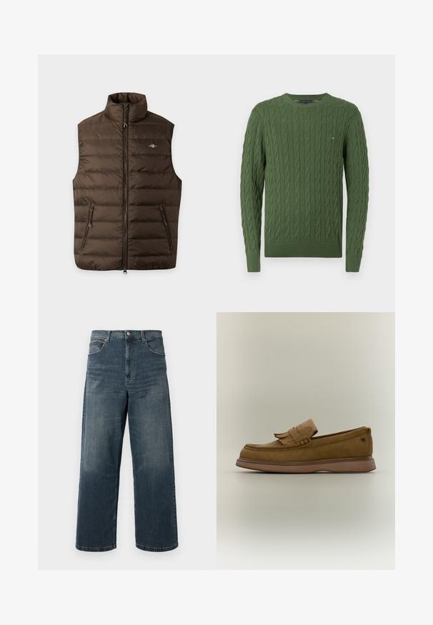 Veste matelassée marron sans manches avec col montant, fermeture éclair intégrale devant, deux poches latérales zippées et petit logo poitrine sur fond uni.; Pull en maille verte avec un motif en torsades, col rond, et poignets et ourlet côtelés. Petit logo sur la poitrine.; Jeans en denim à jambes larges de couleur bleu foncé, avec un effet délavé, un design à cinq poches et des coutures robustes. Fermeture à boutons à la taille.; Mocassin en cuir marron avec un détail à franges sur le dessus et une semelle épaisse en caoutchouc sur un fond clair uni.