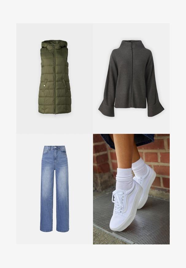 Vaatteet kuorivestissä oliivinvihreä väri, jossa on huppu, etuvetoketju, kaksi nappikiinnityksellä varustettua sivutaskua ja tikattu pinta.; VILA VIVIGGA CONTRAST - Neule - dark grey/black; Vaaleansiniset denim-housut leveillä lahkeilla, korkealla vyötäröllä, napillinen kiinnitys ja etutaskut. Housuissa on haalistunut pesu ja hienovaraiset viirut.; Valkoiset kangaskengät kumipohjilla, joissa on kuusi silmukkaa, pyöreä kärki ja vaaleat ompeluseikat, yhdistettyinä valkoisiin nilkkasukkiin.