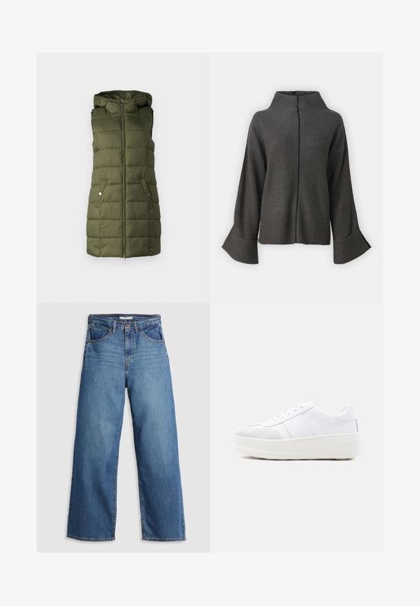 Padded Weste in Olivgrün mit Kapuze, ausgestattet mit einem Frontreißverschluss, zwei seitlichen Taschen mit Druckknöpfen und gesteppter Textur.; VILA VIVIGGA CONTRAST - Strickpullover - dark grey/black; Blaue Denim-weite Jeans mit hohem Bund, ausgestattet mit fünf Taschen, kontrastierenden Nähten und einem Reißverschluss.; Weißer Sneaker mit niedrigem Schaft, Schnürverschluss, dicker Plateausohle und Wildlederakzent an der Zehenpartie, seitlich auf schlichtem Hintergrund dargestellt.