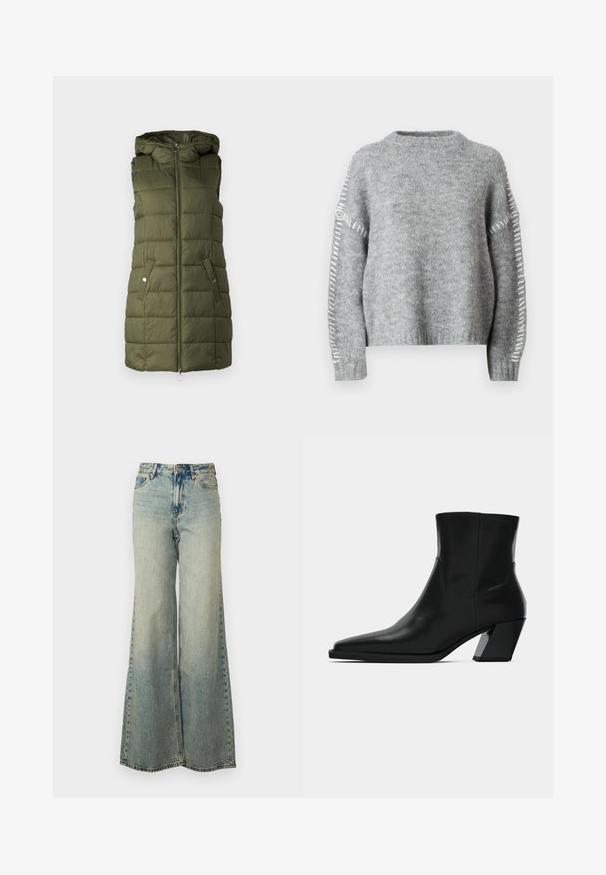 Polstret vest i oliven grønt med hætte, har en frontlynlås, to sidelommer med trykknapper og quiltet tekstur.; JDY Knitted JDYZOEY Knitted - Striktrøje - light grey melange; Lyseblå vide jeans lavet af denim, med høj talje, bleget vask og sidelommer med synlige stikninger.; Sortlæder ankelstøvle med spids tå, en slank silhuet og en kraftig firkantet hæl. Glat tekstur med minimale stikninger.