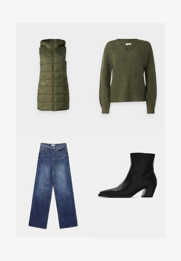 Olivový zelený prešívaný vest s kapucňou, so zipsom vpredu, dvoma bočnými vreckami so cvokmi a prešívanou textúrou.; JDY JDYINGEBORG ADA LIFE V NECK - Svetrík - winter moss; Džínsy s širokými nohavicami v tmavomodrej farbe, s vysokým pásom, výraznými vyblednutými vzormi na prednej strane a klasickým päťvreckovým strihom.; Čierna kožená členková topánka s špicatou špičkou, elegantným siluetou a masívnym štvorecovým podpätkom. Hladký povrch s minimálnymi švovými detailmi.