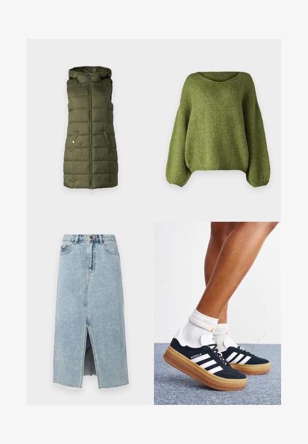 Olive roheline pehmendatud vest kapuutsiga, millel on esikinnitus, kaks külgtaskut nööbiga ja tikanditunne.; JDY Knitted JDYDINEA Knitted - Džemper - fern; Heled sinine teksaseelik, millel on eeslõhik, kulunud äär ja viis taskut, ning nööp sulgemine vöökoha juures. K klassikaline sirge lõikega disain.; Jalad valgete sokkide ja mustade Adidas Gazelle tossudega, millel on valged triibud ja paksud pruunid tallad, halli vaibaga põrandal.