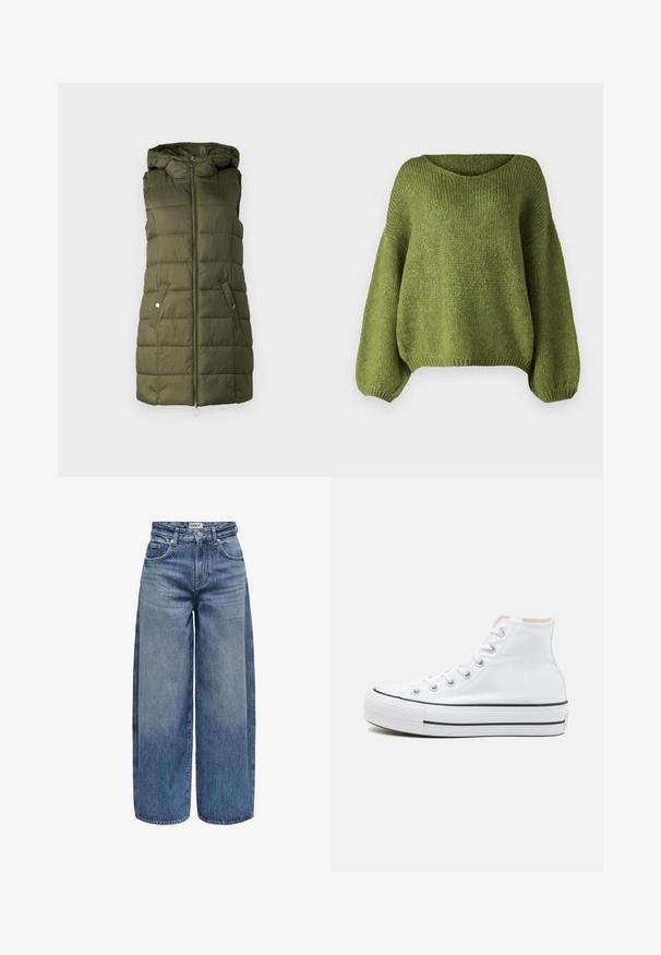 Olive roheline pehmendatud vest kapuutsiga, millel on esikinnitus, kaks külgtaskut nööbiga ja tikanditunne.; JDY Knitted JDYDINEA Knitted - Džemper - fern; Keskmise sinise tooniga laiad säärtega teksad, millel on kõrge vöökoht, nähtav õmblus, viis taskut ja esiküljel nööpkinnitus.; Valged kõrged tossud, millel on tekstiilmaterjal, must kummist tallat ja kontrastne must riba keskosas. Ümar varbakiht ja nöörimise disain.