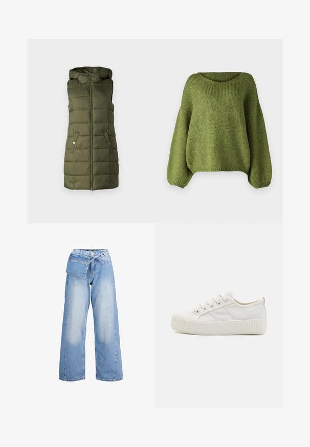 Padded Weste in Olivgrün mit Kapuze, ausgestattet mit einem Frontreißverschluss, zwei seitlichen Taschen mit Druckknöpfen und gesteppter Textur.; JDY Knitted JDYDINEA Knitted - Strickpullover - fern; Helle blaue weit geschnittene Denim-Jeans mit hoher Taille, ausgestattet mit einer vorderen Reißverschlusstasche, einem Kordelzug in der Taille und einem verwaschenen Look für einen abgelebten Eindruck.; Weiße Segeltuchturnschuhe mit einer strukturierten Gummisohle, runder Zehenpartie und Schnürdesign, das drei seitliche Streifen aufweist.
