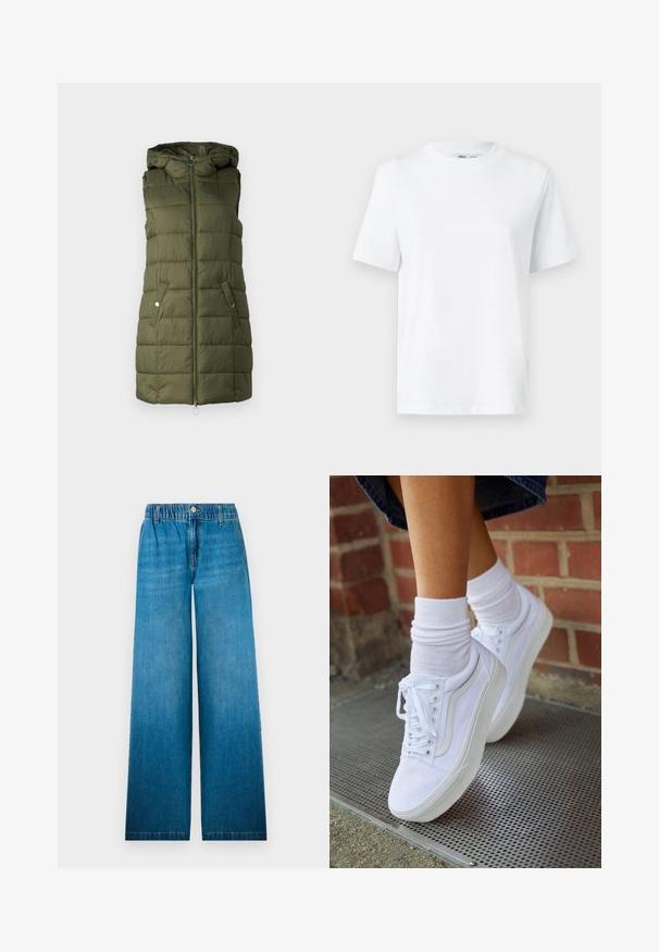Polstret vest i oliven grønt med hætte, har en frontlynlås, to sidelommer med trykknapper og quiltet tekstur.; Hvid bomulds T-shirt med rund hals, kortærmet og en glat tekstur. Designet med en afslappet pasform for komfort og alsidighed.; Bredbåndede jeans i lys blå denim, med en elastisk talje, en knaplukning og et lige snitdesign med en falmet effekt.; Hvide lærreds sneakers med gummisåler, der har seks snørehuller, rund tå og let sømdetaljer, krydret med hvide ankelstrømper.