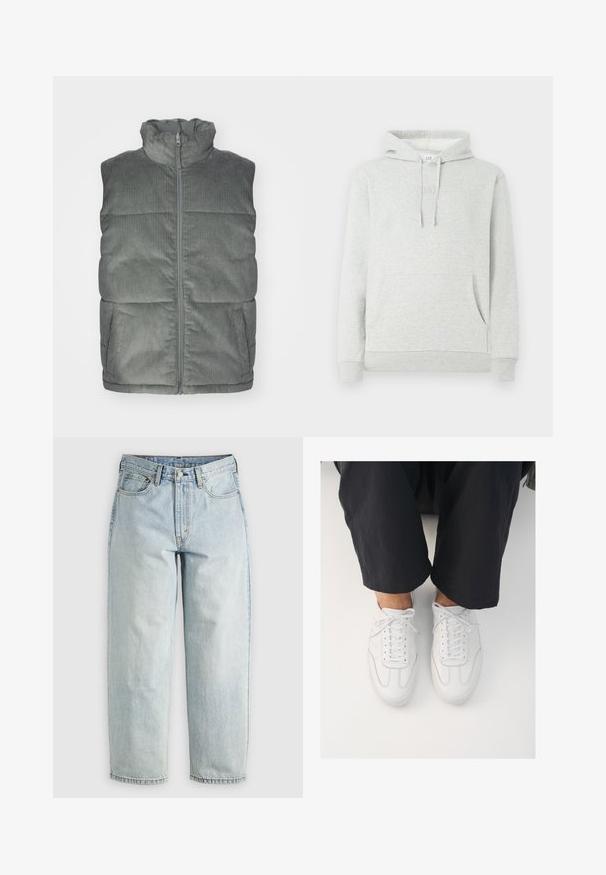 Harmaa corduroy-tikkivästärå, jossa on korkea kaulus, etuvetoketju ja kaksi sivutaskua; sisältää pystysuoran ribbikuvion ja pehmustetun muotoilun.; Hoodie vaaleanharmaana, jossa on nauhakuja, etutasku, ribatut hihansuut ja helma, sekä hillitty logo kohokuvioituna rinnassa.; Vaaleansiniset farkut suoran lahkeen leikkauksella, joissa on viisi taskua ja napitettava etusulku; sisältää haalistuneita alueita ja hillittyjä ompeluyksityiskohtia.; Valkoiset nahkakengät, joissa on sileä pinta, pyöreä kärki ja perinteinen nauhoitusjärjestelmä, asetettu tummien, löysästi istuvien housujen päälle.