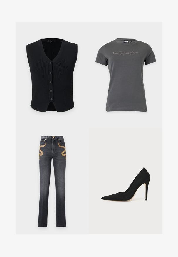 Sort ribbet ærmeløs cardigan med V-hals og fem forreste knapper, let buet kant og slank pasform.; Mørkegrå T-shirt med korte ærmer og rund halsudskæring med teksten "East Emporio Armani" på brystet i små nitter.; Sorte jeans med høj talje og lige ben med gyldne paillet-slangedesign på frontlommerne og gylden knaplukning.; Sort højhælet stiletpump med spids tå og glat tekstur, vist fra siden på en ensfarvet lys baggrund.