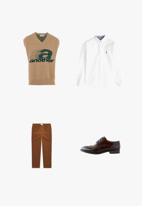 Chaleco sin mangas beige con escote en V, que presenta un diseño gráfico en verde oscuro y el texto "another" en negrita, hecho de un material de punto suave.; Camisa blanca de manga larga hecha de algodón, con cuello botón, tapeta delantera con botones y un pequeño logo de langosta azul marino en el pecho.; Pantalones de pana marrones con corte recto, que presentan bolsillos frontales, cierre de botón y textura de canalé vertical.; Zapato de vestir marrón de cuero para hombre con detalles de brogue con punta alada y cordones negros, mostrado de lado sobre fondo blanco.