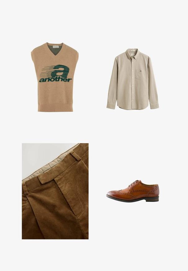 Chaleco sin mangas beige con escote en V, que presenta un diseño gráfico en verde oscuro y el texto "another" en negrita, hecho de un material de punto suave.; Camisa beige de manga larga, abotonada, con cuello, bolsillo en el pecho y un pequeño logo bordado en el bolsillo. La camisa se muestra sobre un fondo liso.; Pantalones de pana marrón con una superficie texturizada, que presentan un corte recto y pliegues frontales cosidos. La cinturilla tiene un forro de tejido más claro.; Zapato de vestir brogue para hombre de cuero marrón con perforaciones en punta de ala y cordones negros, mostrado desde el lado exterior.