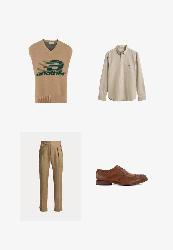 Chaleco sin mangas beige con escote en V, que presenta un diseño gráfico en verde oscuro y el texto "another" en negrita, hecho de un material de punto suave.; Camisa beige de manga larga, abotonada, con cuello, bolsillo en el pecho y un pequeño logo bordado en el bolsillo. La camisa se muestra sobre un fondo liso.; Pantalones marrones a cuadros de cintura alta con pliegues, bolsillos laterales, lengüeta lateral con botones, dobladillos vuelto y piernas rectas a medida.; Zapato de vestir de cuero marrón con diseño de punta alada, detalles de brogue a lo largo de los lados, puntera redondeada y un tacón apilado de ancho medio.