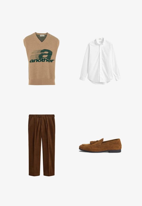 Pull sans manches beige avec un col en V, présentant un design graphique vert foncé et le texte "another" en gras, en matière tricotée douce.; Chemise blanche à manches longues boutonnée avec un col, petit logo brodé sur la poitrine et ourlet arrondi.; Pantalon en velours côtelé marron avec des plis, poches latérales, passants pour ceinture et fermeture par bouton à la taille, présenté à plat sur fond blanc.; Mocassin homme en daim marron avec détail pompon et semelle noire basse, embossé sur le côté avec le nom de la marque.