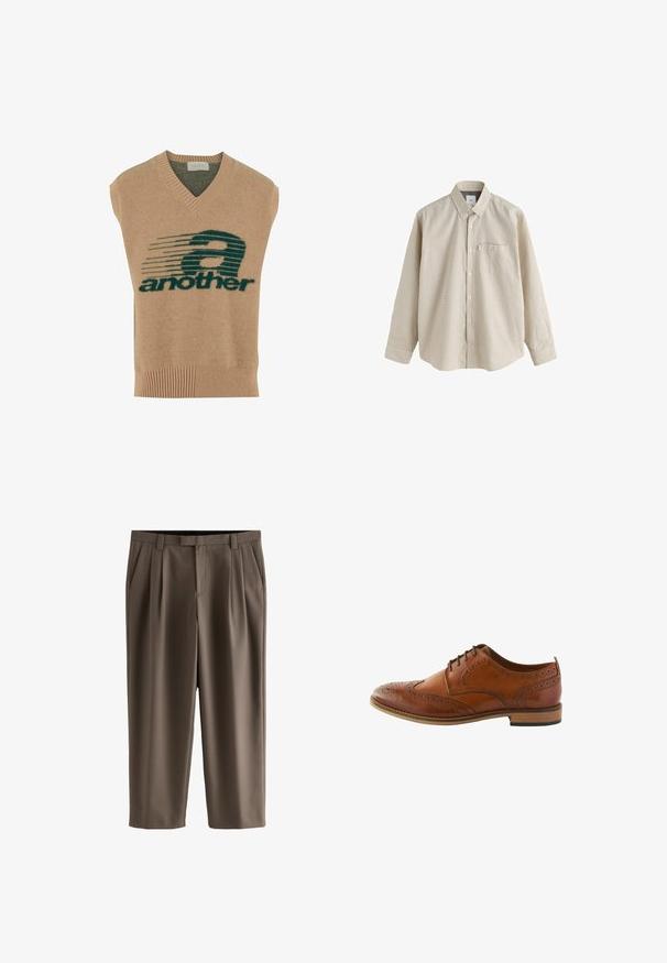Beige ærmeløs sweater med V-hals, der har et mørkegrønt grafisk design og teksten "another" i fed skrift, lavet af blødt strikmateriale.; Beige langærmet skjorte med lille ternet mønster, knappet krave, knapper foran og en brystlomme på hvid baggrund.; Brune korte bukser med bæltestropper, sidelommer, frontlynlås og læg på begge ben.; Brun læder brogue sko med detaljerede perforeringer, rund tå, snørebåndsdesign og en mellembrun træsål.