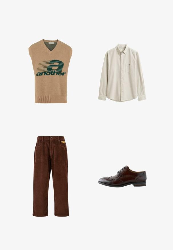 Chaleco sin mangas beige con escote en V, que presenta un diseño gráfico en verde oscuro y el texto "another" en negrita, hecho de un material de punto suave.; Camisa beige y blanca de rayas verticales, de manga larga, con botones, cuello y bolsillo en el pecho, presentada plana sin persona.; Pantalones de pana marrones con textura acanalada, piernas rectas, bolsillos frontales y un logo amarillo bordado cerca de la cinturilla.; Zapato de vestir marrón de cuero para hombre con detalles de brogue con punta alada y cordones negros, mostrado de lado sobre fondo blanco.