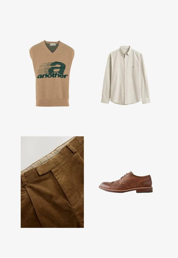 Beige ærmeløs sweater med V-hals, der har et mørkegrønt grafisk design og teksten "another" i fed skrift, lavet af blødt strikmateriale.; Beige og hvid lodretstribet langærmet skjorte med krave og brystlomme, vist fladt uden person.; Brune kordfløjlsbukser med en tekstureret overflade, der har lige snit og syede forklaring. Taljen har et lettere stoffoer.; Brun læder herre wingtip oxford sko med brogue-detaljer og stablet træsål, vist i sideprofil på hvid baggrund.