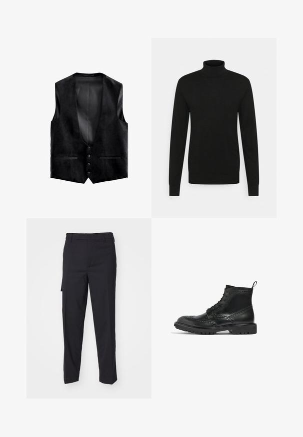 Gilet noir formel avec quatre boutons et deux petites poches avant, confectionné dans un tissu lisse avec une texture subtile.; Pull à col roulé noir en matériau doux et extensible. Manches longues, col et poignets côtelés, et silhouette ajustée.; Pantalon noir fabriqué en un tissu tissé lisse. Il présente une coupe droite, une coupe slim, des passants de ceinture et une poche latérale.; Botte en cuir noir avec des détails brogue, design à lacets et une languette; dotée d'une semelle épaisse et robuste pour une meilleure traction.