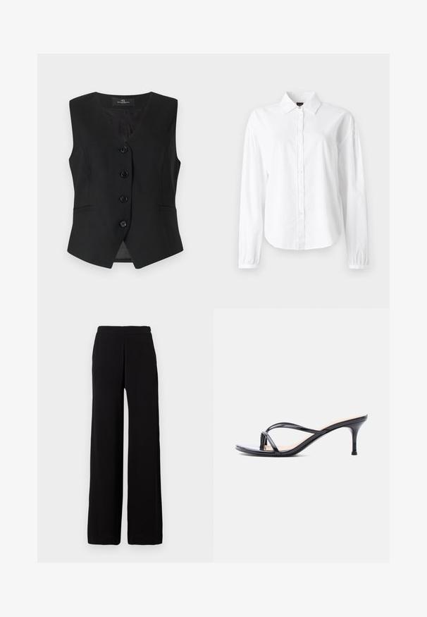 Zwarte mouwloze vest met een V-hals, vijf knopen aan de voorkant, twee zijzakken en een gladde textuur. Eenvoudig, op maat gemaakt ontwerp.; Witte blouse met lange mouwen, kraag, knoopsluiting aan de voorkant en ingezette manchetten. Gemaakt van zacht, lichtgewicht stof met een gladde textuur.; Zwarte broek met wijde pijpen gemaakt van zachte stof met een elastische tailleband, met een strak design zonder zichtbare patronen of accenten.; Zwarte laklederen sandaal met hakken, dunne gekruiste bandjes en een slanke, middelhoog stilettohak op een witte achtergrond.