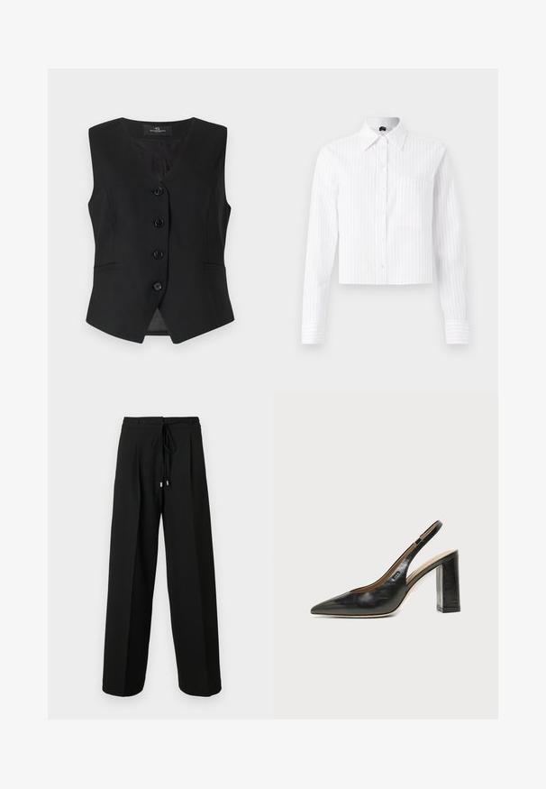 Zwarte mouwloze vest met een V-hals, vijf knopen aan de voorkant, twee zijzakken en een gladde textuur. Eenvoudig, op maat gemaakt ontwerp.; Witte cropped button-up shirt met lichtblauwe verticale strepen, lange mouwen, één borstzak en klassieke kraag. Katoenmix stof.; Zwarte broek met wijde pijpen en een taille met trekkoord, voorzien van plooien en een zachte textuur. Het ontwerp benadrukt comfort en een losse pasvorm.; Zwarte leren slingback schoen met spits toelopend neusje, hoge blokhak en beige binnenvoering tegen een effen lichte achtergrond.