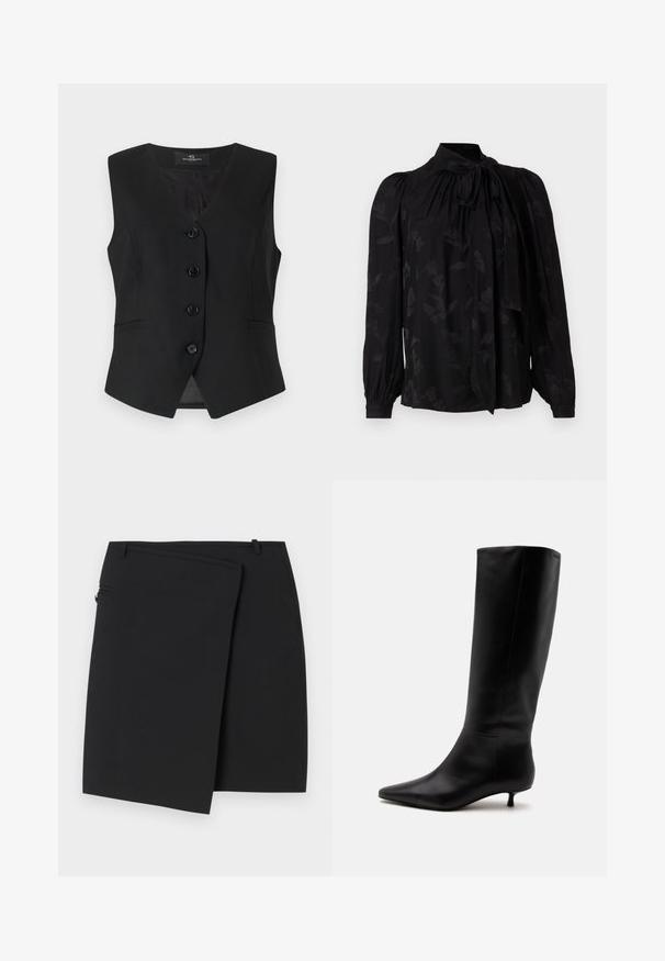 Sort ærmeløs vest med V-udskæring, fem knapper foran, to sidelommer og en glat tekstur. Enkel, skræddersyet design.; Sort bluse med høj krave og bindedetalje. Har et subtilt blomstermønster og puffede lange ærmer med sammensnørede manchetter. Glat tekstur.; Sort omslag nederdel med en glat tekstur, der har en lynlås i siden og to bæltestropper. Simpelt design uden synlige mønstre eller detaljer.; Sort læder knæhøj støvle med spids snude og lav kittenhæl mod en ensfarvet lys baggrund.