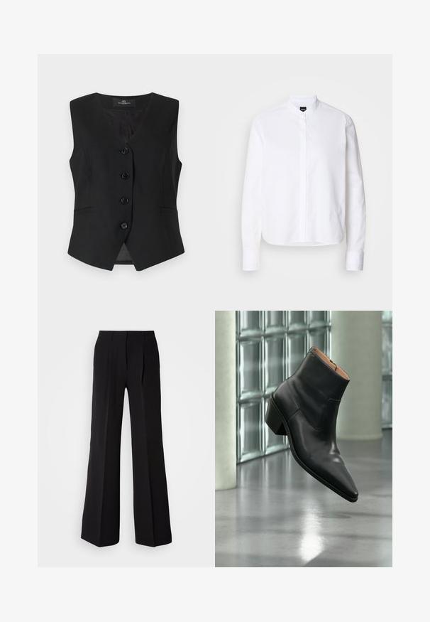 Zwarte mouwloze vest met een V-hals, vijf knopen aan de voorkant, twee zijzakken en een gladde textuur. Eenvoudig, op maat gemaakt ontwerp.; Witte overhemd met een voorpanneel, lange mouwen en knoopmanchetten. Gemaakt van glad katoen met een gestructureerde pasvorm.; Zwarte broeken van soepele stof, met een hoge taille, wijde pijpen en twee plooien aan de voorkant voor extra ontwerpelementen.; Zwarte leren enkellaars met een spitse neus en blokhak die zweeft boven een reflecterende grijze vloer nabij een glazen blokmuur.