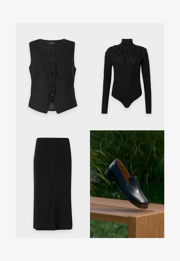 Zwarte mouwloze vest met een V-hals, vijf knopen aan de voorkant, twee zijzakken en een gladde textuur. Eenvoudig, op maat gemaakt ontwerp.; Zwart langärmelig bodysuit met een hoge, geplooide col en een aansluitende silhouet, ontworpen voor vrouwen.; Zwarte knielange rok van gladde stof, met een rechte silhouette, eenvoudig ontwerp en zijsplitten voor bewegingsgemak.; Zwarte leren loafer die balanceert op de rand van een houten tafel met groene bladeren op de achtergrond.