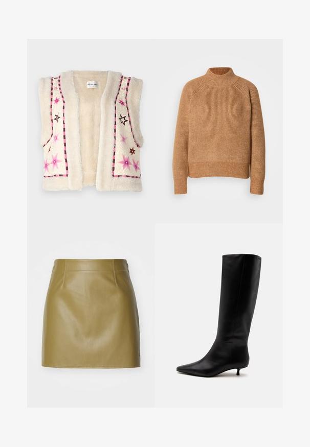 Faux pels vest i cremefarve med pink og brun stjernestikning samt ternet kant langs kanten og halsudskæringen.; Strikket højhalset sweater i lysebrun. Har ribbet tekstur, lange ærmer og en tætsiddende nederste kant. Enkel og klassisk design.; Olivengrøn læder mini-nederdel med en glat overflade, der har to forreste sømme og en lige pasform, afsluttet med minimalistiske syninger.; Sort læder knæhøj støvle med spids snude og lav kittenhæl mod en ensfarvet lys baggrund.