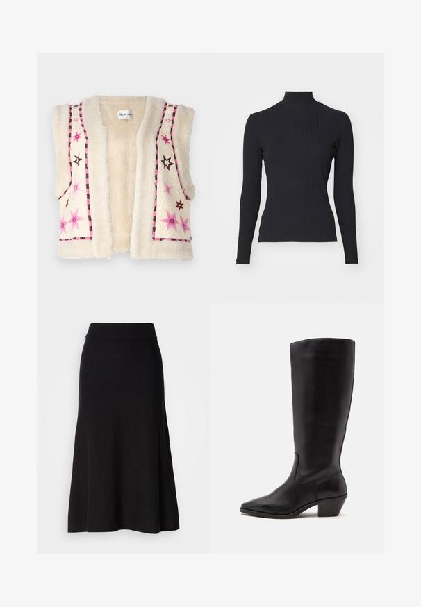 Faux pels vest i cremefarve med pink og brun stjernestikning samt ternet kant langs kanten og halsudskæringen.; Sort ribbet turtle-sweater med lange ærmer. Lavet af strækbart stof med en tætsiddende pasform og høj krave. Enkel design uden udsmykninger.; Sort strikfløjet nederdel med bred talje, midi-længde, glat tekstur og ingen synlige mønstre eller hardware detaljer.; Sort læderstøvle til midtkalv med spids tå og lavt skråt hæl på en enkel lys baggrund.