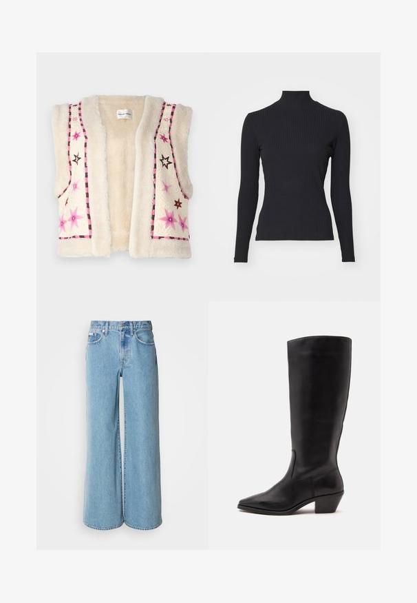Faux fur gilet in een crèmekleur, met roze en bruine ster borduursels en een geruite rand langs de randen en de halslijn.; Zwarte geribde coltrui met lange mouwen. Gemaakt van rekbare stof met een getailleerde pasvorm en hoge kraag. Eenvoudig ontwerp zonder versieringen.; Lichtblauwe wijde jeans van denim, met een hoge taille, vijf pockets en subtiele vervaging langs de stof.; Zwarte leren laars tot half op de kuit met een puntige neus en een lage schuine hak op een effen lichte achtergrond.
