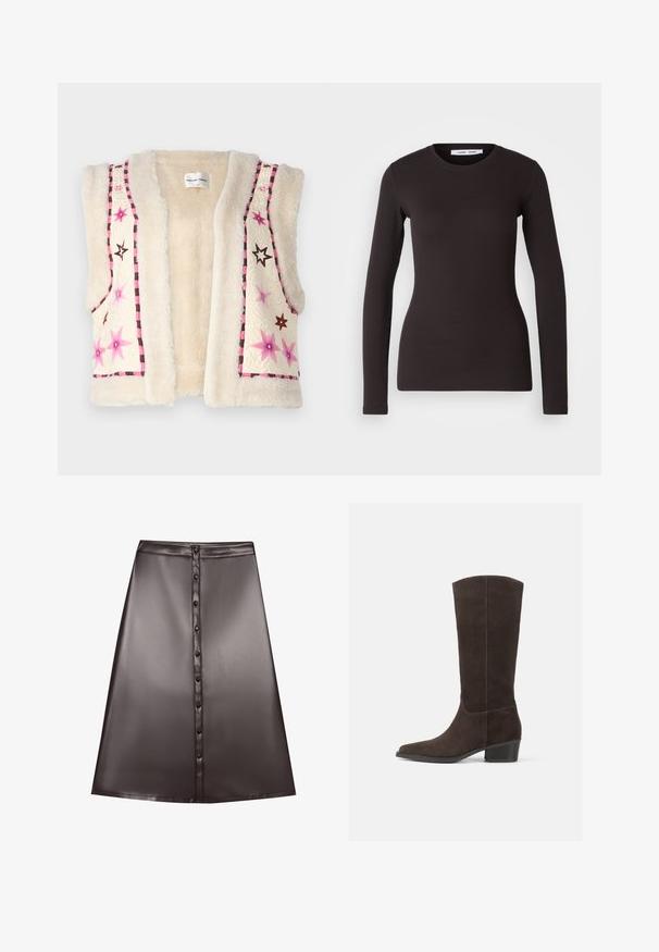 Faux fur gilet in een crèmekleur, met roze en bruine ster borduursels en een geruite rand langs de randen en de halslijn.; Zwarte top met lange mouwen, gemaakt van een zachte, rekbare stof. Heeft een ronde halslijn en een slim fit met een gladde textuur en geen zichtbare patronen.; Bruine faux leer A-lijn rok met een gladde textuur, voorzien van een sluiting met knopen aan de voorkant en een zoom die boven de knie valt.; Donkerbruine suède kniehoog laars met een vierkante neus, een gladde textuur en een korte gestapelde hak, met een minimalistisch ontwerp en strakke lijnen.