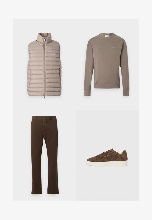 Doudoune sans manches couleur beige clair, avec col montant, fermeture éclair à l'avant, poches latérales et logo "Armani Exchange Milano/New York" sur la poitrine.; Sweatshirt taupe à manches longues avec des poignets et un ourlet côtelés, présentant un petit logo blanc "Tiger of Sweden" sur la poitrine gauche.; CLOSED CLIFTON TRUE - Chino - espresso brown; Baskets en daim marron avec une silhouette basse, un bout arrondi et une semelle en caoutchouc blanc. Elles présentent des lacets foncés et un logo discret sur le côté.