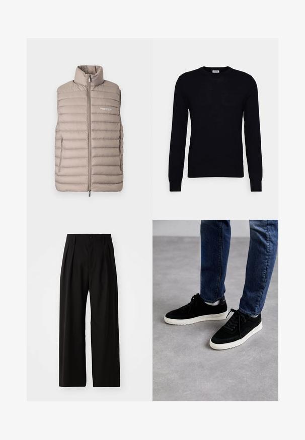 Doudoune sans manches couleur beige clair, avec col montant, fermeture éclair à l'avant, poches latérales et logo "Armani Exchange Milano/New York" sur la poitrine.; Pull noir à manches longues en tricot doux. Encolure ronde, poignets et ourlet côtelés. Design minimaliste sans motifs ni boutons visibles.; Pantalons larges noirs avec une texture lisse, dotés de deux plis avant, d'une fermeture à bouton et de poches latérales. Tissu durable.; Des baskets en suède noir avec une semelle en caoutchouc blanc, présentant un design classique à talon bas, un bout rond et des lacets plats noirs.