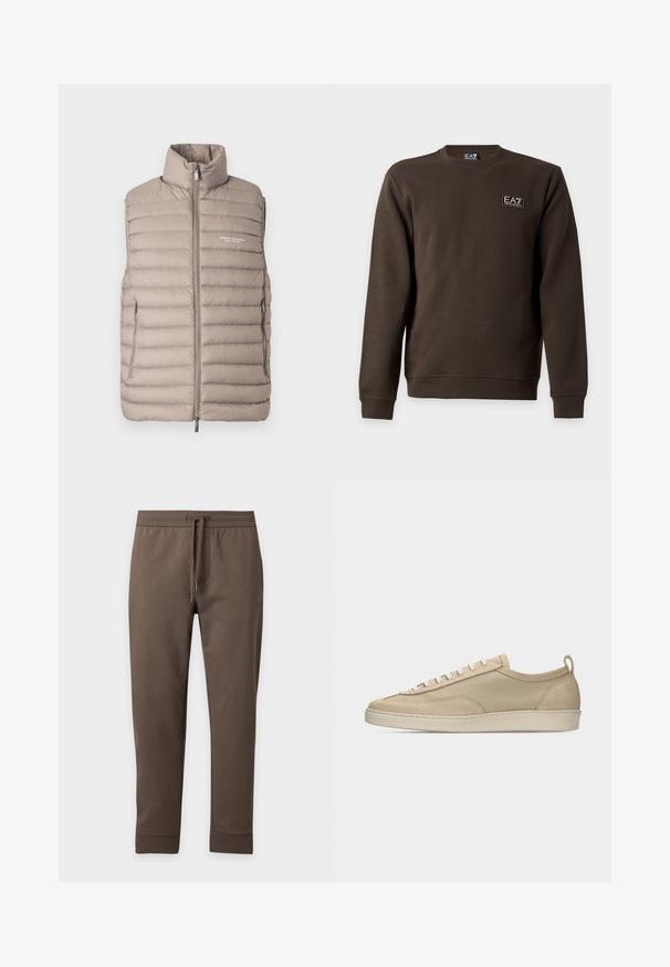Doudoune sans manches couleur beige clair, avec col montant, fermeture éclair à l'avant, poches latérales et logo "Armani Exchange Milano/New York" sur la poitrine.; Sweat-shirt marron à manches longues avec col rond et un petit patch rectangulaire avec le logo EA7 Emporio Armani sur la partie supérieure gauche de la poitrine.; Pantalon de survêtement marron fuselé avec taille élastique et cordon, présenté à plat sur un fond clair.; Baskets beige basses avec tige en tissu et daim, lacets blancs, semelle en caoutchouc et languette à l'arrière, présentées en profil latéral sur fond blanc.