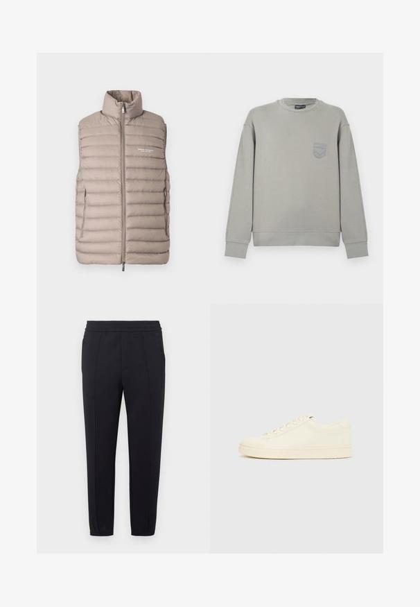 Doudoune sans manches couleur beige clair, avec col montant, fermeture éclair à l'avant, poches latérales et logo "Armani Exchange Milano/New York" sur la poitrine.; Sweat-shirt gris en coton avec manches longues, poignets côtelés et un petit logo brodé sur la poitrine. Encolure ronde et coupe décontractée.; Pantalon de jogging noir avec une taille élastique, des jambes fuselées, des poches latérales et une texture de tissu lisse. Présente des détails cousus le long des coutures.; Baskets couleur crème avec une tige en cuir lisse, bout arrondi, laçage à l'avant et semelle en caoutchouc texturée. Design minimaliste, sans logo.