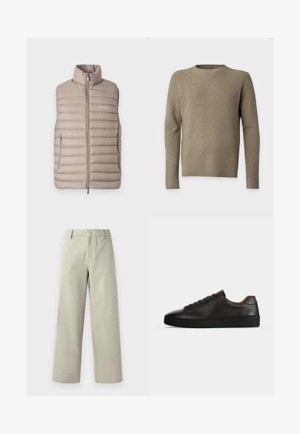 Doudoune sans manches couleur beige clair, avec col montant, fermeture éclair à l'avant, poches latérales et logo "Armani Exchange Milano/New York" sur la poitrine.; Pull tricoté marron clair avec motif en losange, manches longues, poignets et ourlet côtelés, et col rond sur fond uni.; Han Kjøbenhavn WIDE LEG - Pantalon classique - light grey; Baskets basses en cuir marron foncé avec semelle en caoutchouc noire, lacets à l'avant et design minimaliste épuré sur fond clair.