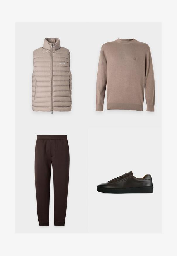 Lichtbeige gewatteerd mouwloos vest met hoge kraag, voorrits, zijzakken en het "Armani Exchange Milano/New York" logo op de borst.; Bruine gebreide trui met een ronde hals, geribde boorden en zoom. Voorzien van een klein geborduurd logo op de borst in een bijpassende kleur.; Donkerbruine slimfit joggingbroek met elastische tailleband en enkelfransen, voornaaddetail op effen achtergrond.; Low-profile donkerbruine leren sneaker met zwarte rubberen zool, veters aan de voorkant en een strak minimalistisch design op een lichte achtergrond.