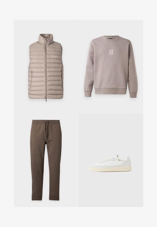 Doudoune sans manches couleur beige clair, avec col montant, fermeture éclair à l'avant, poches latérales et logo "Armani Exchange Milano/New York" sur la poitrine.; Sweatshirt gris en tissu doux, avec un col rond, des manches longues et un petit logo blanc sur la poitrine.; Pantalon de survêtement marron fuselé avec taille élastique et cordon, présenté à plat sur un fond clair.; Baskets blanches avec dessus en daim et cuir texturé. Caractérisées par un bout arrondi, une fermeture à lacets et une semelle en caoutchouc beige contrastante.