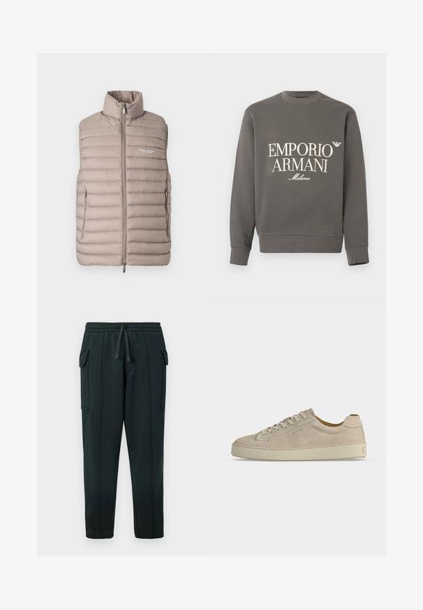 Doudoune sans manches couleur beige clair, avec col montant, fermeture éclair à l'avant, poches latérales et logo "Armani Exchange Milano/New York" sur la poitrine.; Sweat-shirt gris en coton, avec un col rond, des manches longues, et un logo blanc imprimé : "EMPORIO ARMANI Milano" sur le devant.; Pantalon de survêtement noir avec taille à cordon, poches latérales, détail poche cargo et coutures visibles. Tissu doux avec une coupe décontractée.; Baskets basses beiges en daim avec fermeture lacée et semelle épaisse en caoutchouc, vues de profil sur fond blanc uni.
