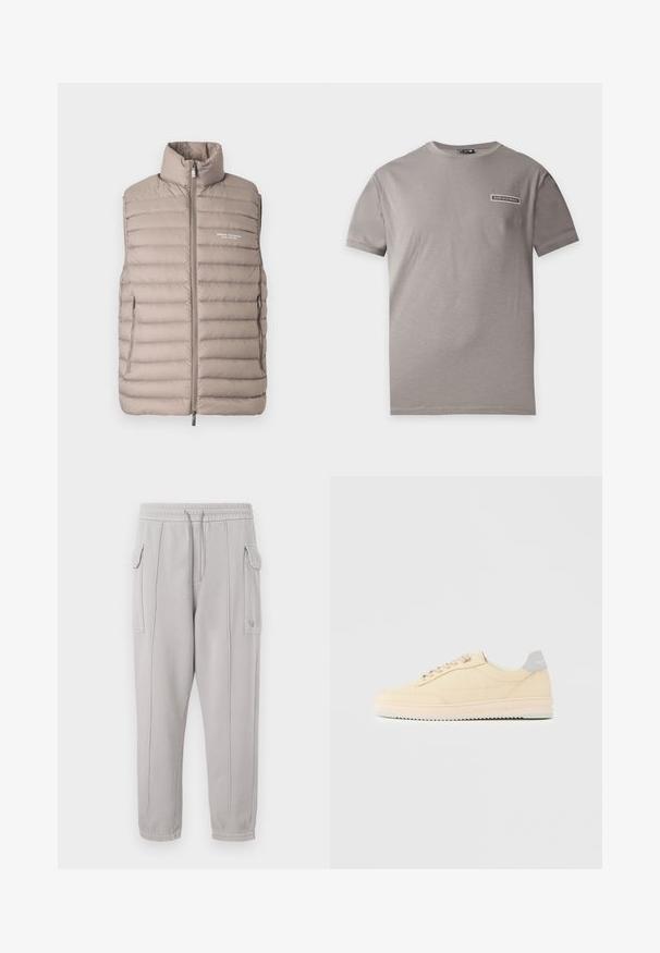 Doudoune sans manches couleur beige clair, avec col montant, fermeture éclair à l'avant, poches latérales et logo "Armani Exchange Milano/New York" sur la poitrine.; T-shirt gris uni à manches courtes avec col ras du cou, avec un petit logo rectangulaire EA7 Emporio Armani sur le côté gauche de la poitrine.; Pantalon de survêtement gris avec taille élastique, poches latérales et détail cousu courant verticalement le long des jambes. Texture en mélange de coton.; Baskets basses beige à lacets, semelle rose clair et languette grise à l'arrière marquée "Filling Pieces", vues de profil sur fond uni.