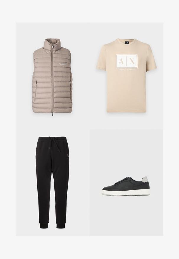 Doudoune sans manches couleur beige clair, avec col montant, fermeture éclair à l'avant, poches latérales et logo "Armani Exchange Milano/New York" sur la poitrine.; T-shirt beige à manches courtes et col rond avec le logo "A|X" d'Armani Exchange en blanc centré sur la poitrine.; Pantalon de survêtement noir fuselé avec taille élastique, cordon, poches latérales et poignets côtelés, présenté sur fond uni.; Baskets basses noires avec semelle blanche et languette grise au talon, vue de profil sur un fond blanc uni.