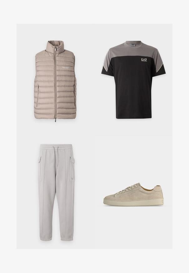 Lichtbeige gewatteerd mouwloos vest met hoge kraag, voorrits, zijzakken en het "Armani Exchange Milano/New York" logo op de borst.; Zwart-grijze EA7 Emporio Armani T-shirt met korte mouwen, logo op de borst en witte afwerking aan de mouwen.; Grijze trainingbroek met elastische tailleband, zijzakken en gestikt detail dat verticaal langs de benen loopt. Katoenmengsel textuur.; Beige suède lage sneaker met vetersluiting en dikke rubberen zool, gezien vanaf de zijkant op een effen witte achtergrond.