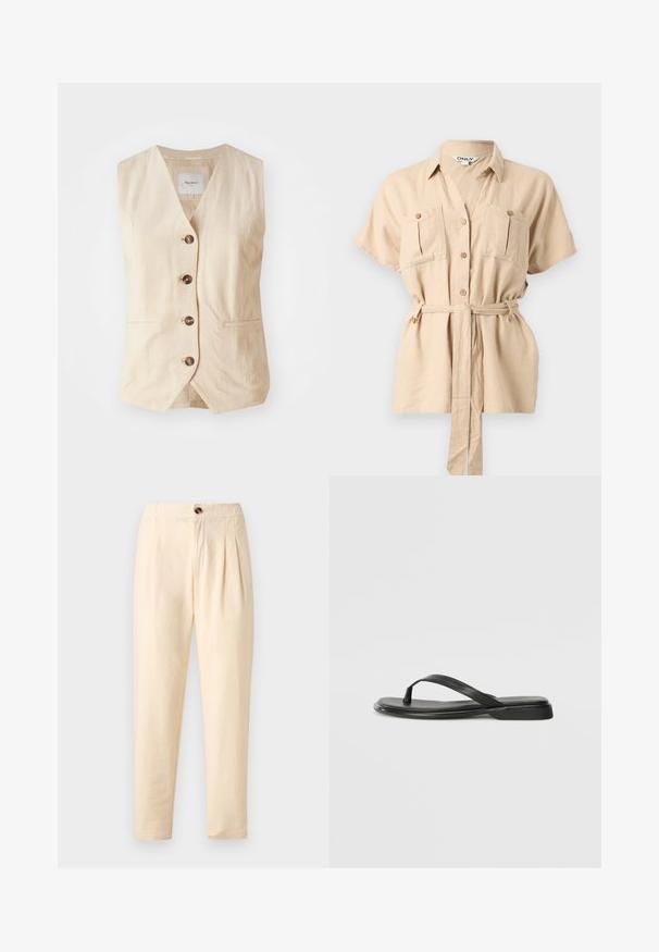 Beige linned vest med V-hals, fem frontknapper og to sidelommer. Har et rent, skræddersyet design med en glat tekstur.; Beige kortærmet skjorte med knapper, krave, to brystlommer med knapper og et matchende stofbælte bundet om taljen.; Lysebeige bukser med høj talje og plisseringer, lukning med knap og smalle ben, vist mod en ensfarvet baggrund.; Sorte flip-flops lavet af glat læder, med et tyndt remdesign og en flad sål med et minimalt profil. Ingen bemærkelsesværdige mønstre eller accenter.