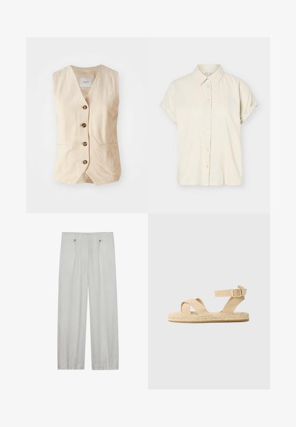 Beige linnen vest met een V-hals, vijf knopen aan de voorkant en twee zijzakken. Kenmerkt zich door een strakke, op maat gemaakte uitstraling met een soepele textuur.; Beige overhemd met korte mouwen, knoopsluiting, omgeslagen manchetten en een klassieke kraag, afgebeeld op een witte achtergrond.; Lichtgrijze, wijde pantalon gemaakt van een zachte stof. Heeft twee voorplooien, twee knoopsluitingen en een gladde textuur.; Taupe espadrille sandalen met een geweven jute zool, twee kruislingse banden en een verstelbare enkelband met een gouden gespaccent.