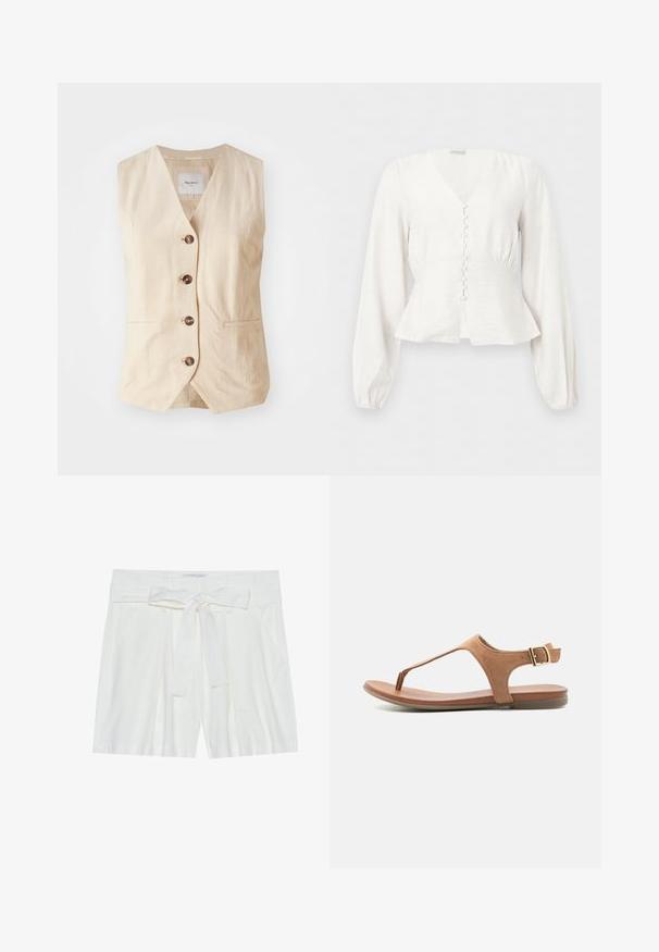 Gilet en lin beige avec un col en V, cinq boutons à l'avant et deux poches latérales. Présente un design épuré et ajusté avec une texture lisse.; Blouse blanche à manches longues avec col en V, taille cintrée, boutons recouverts de tissu sur le devant, et ourlet légèrement évasé sur un fond uni.; Shorts en lin blanc avec une ceinture à nouer à la taille, dotés de poches latérales et d'une coupe décontractée. Texture lisse et design simple.; Sandale plate marron clair avec entre-doigts, brides en daim et boucle dorée ajustable sur la bride de cheville, vue de côté.
