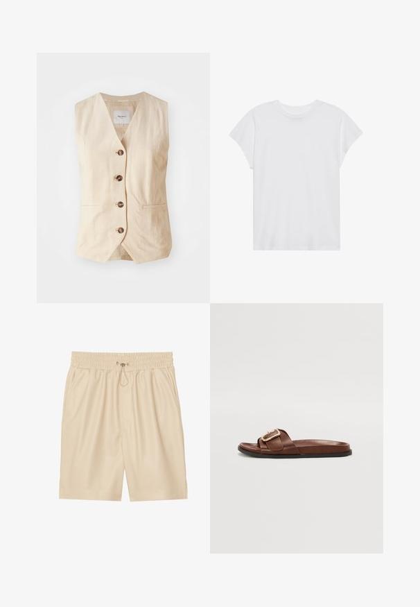 Beige linnen vest met een V-hals, vijf knopen aan de voorkant en twee zijzakken. Kenmerkt zich door een strakke, op maat gemaakte uitstraling met een soepele textuur.; Witte t-shirt met korte mouwen, ronde hals, relaxte pasvorm, gemaakt van zacht katoen. Glad textuur, geen patronen of logo's.; Beige nepleer shorts met een elastische tailleband en trekkoord. Voorzien van zijzakken en een relaxte pasvorm. Gladde textuur.; Bruine leren slipper met een brede band en een gouden gespaccent, platte zool en een gladde textuur.